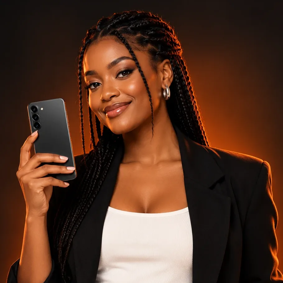Smiling woman in a black blazer holding a dark smartphone, lit with orange light